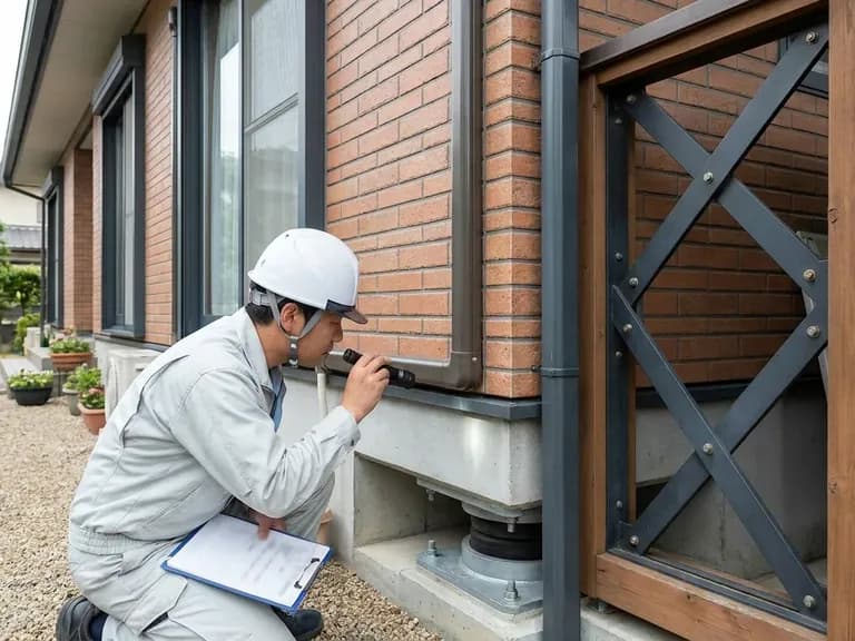 Japon konutlarındaki bakım uygulamalarını gösteren bir teknisyen, sismik izolasyon detaylarını inceliyor.