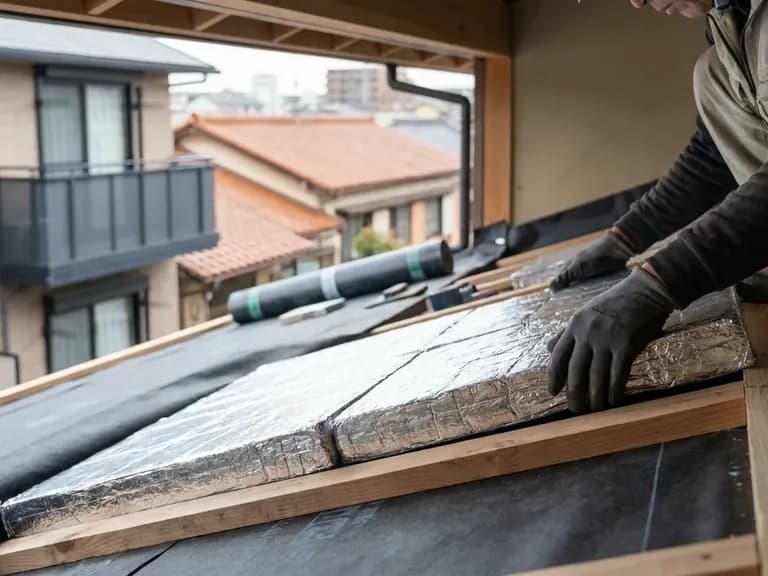 Japon konutlarında çatı yalıtım uygulaması, su yalıtımı ve malzemeleriyle ilgili bir sahne.