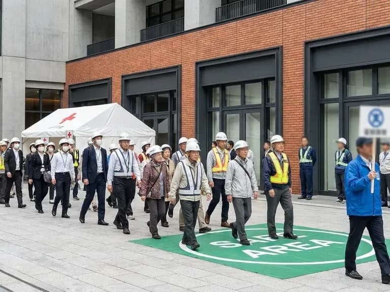 Japonya'da deprem tahliyesi tatbikatı ve güvenli alan belirleme süreci.