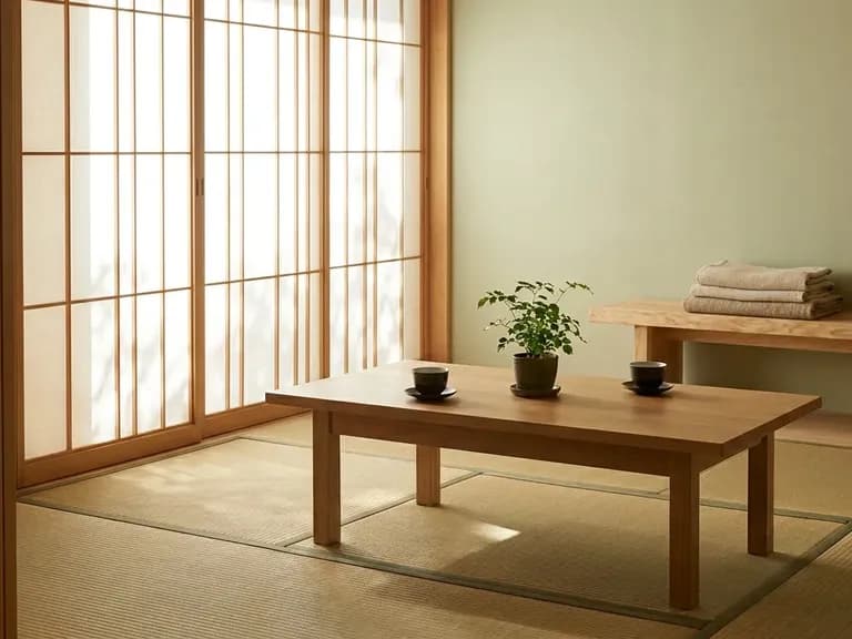 Japon konutlarında doğal malzemelerin kullanımı ve minimalizmi yansıtan iç mekan görünümü.