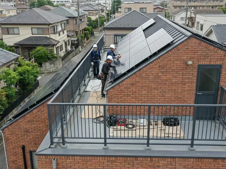 Japon konutlarında güneş panellerinin kurulumu ve enerji verimliliği süreci.