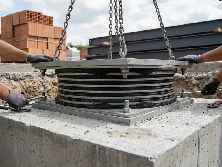 Deprem izolasyon sistemlerinin kurulumunu gösteren inşaat sahnesi.