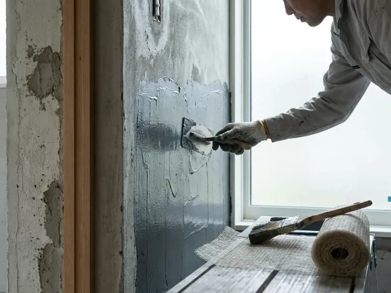 Bir işçinin modern Japon dairesinde su yalıtım membranı uyguladığı detaylı bir sahne.