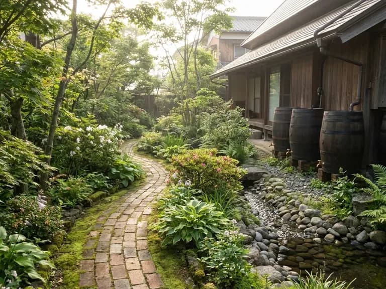 Japon konutlarındaki sürdürülebilir peyzaj tasarımını gösteren doğal bir bahçe görünümü.