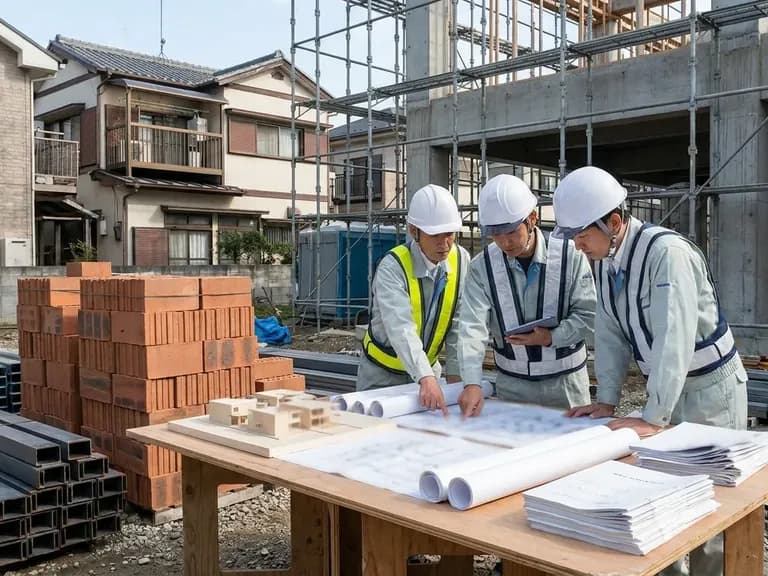 Japonya'daki deprem güvenliği yapı denetimi sürecini gösteren bir inşaat sahnesi.