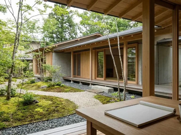 Modern Japon mimarisiyle tasarlanmış, gündoğumunda aydınlatılmış huzurlu bir ev.