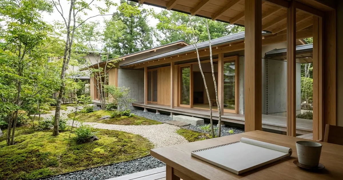 Modern Japon mimarisiyle tasarlanmış, gündoğumunda aydınlatılmış huzurlu bir ev.